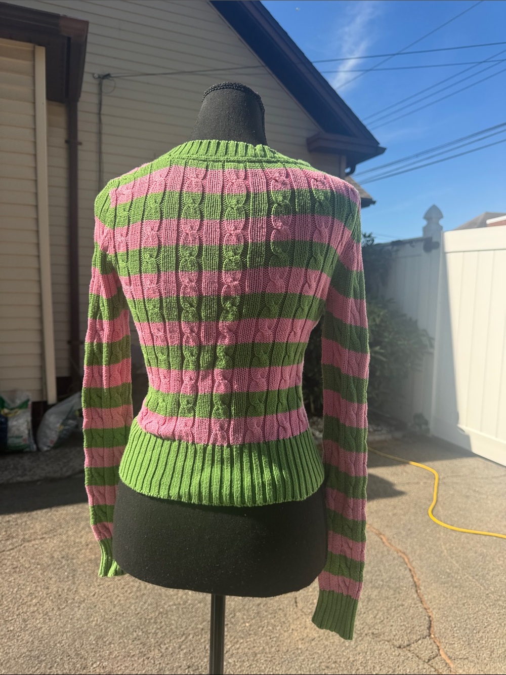 Aero Striped Cable-Knit Scoop Neck Sweater - Pink & Green - Picture 7 of 8